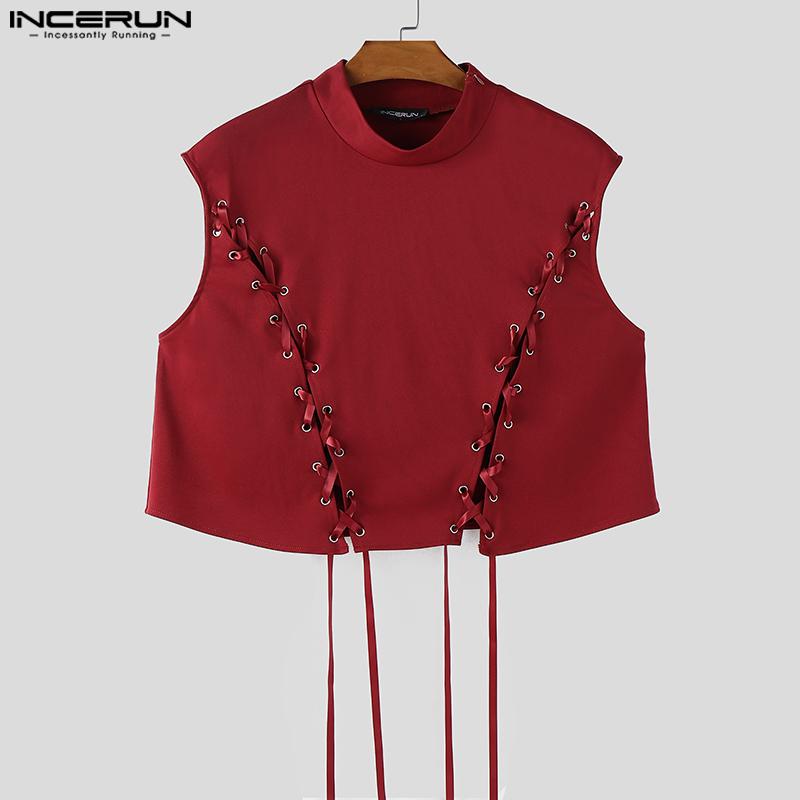 INCERUN Summer Men Sleeveless Bandage Lace-up Party Short Tank Tops