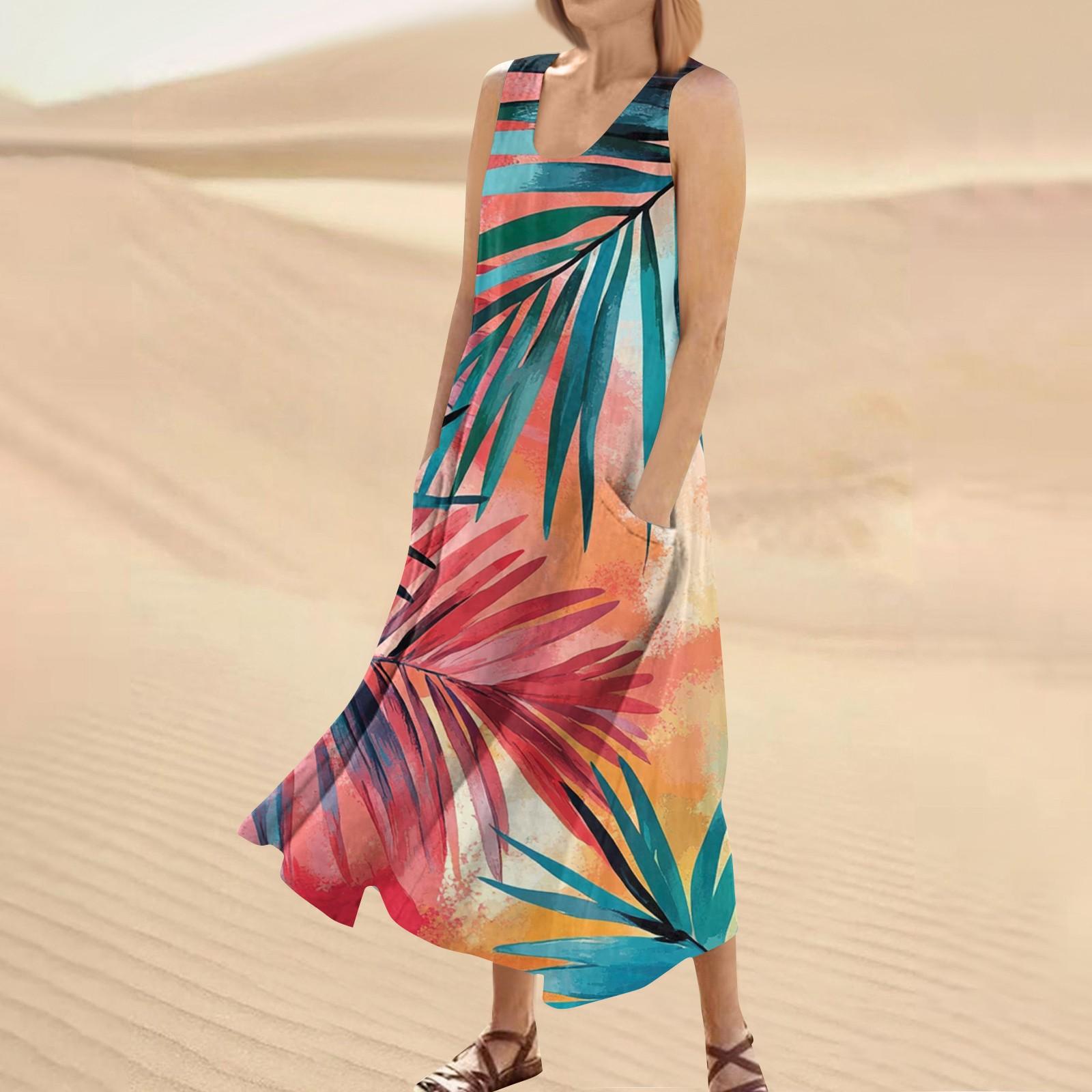 

Женское летнее повседневное модное платье без рукавов с круглым вырезом и карманом с цветочным принтом XL арбуз красный