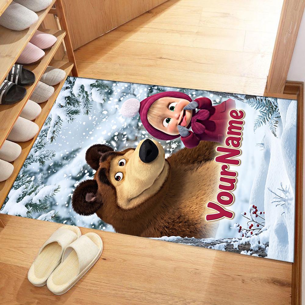 Masha Bear Customize Text Floor Mat Perfect for Dormitory Balcony Game Room Dining Room Anti-slip Rug Anime Office Decor