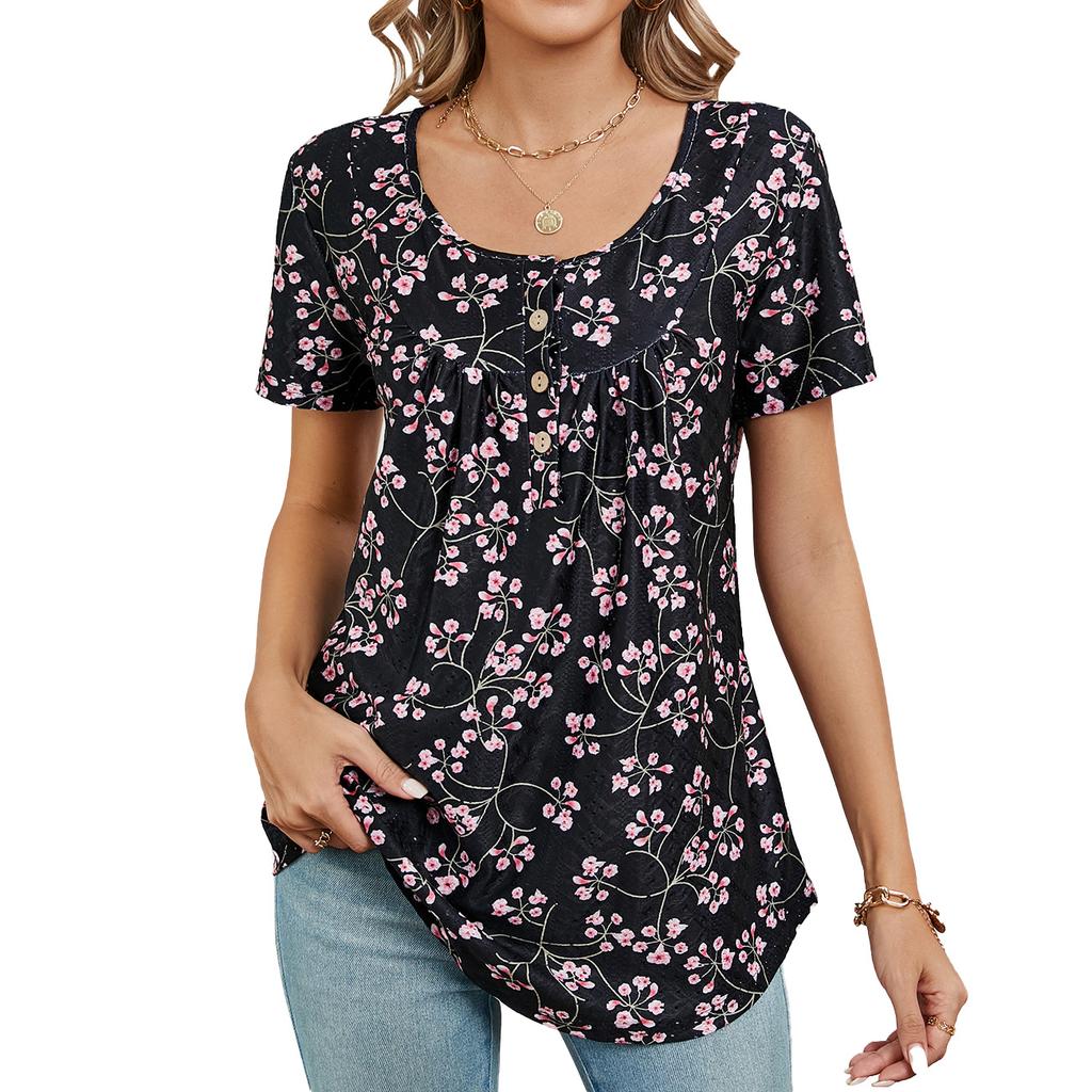 Women's Fashion Short Sleeve Tops Floral Print T-Shirt Round Neck Button Shirts Casual Loose T-Shirt Summer Womens Clothing