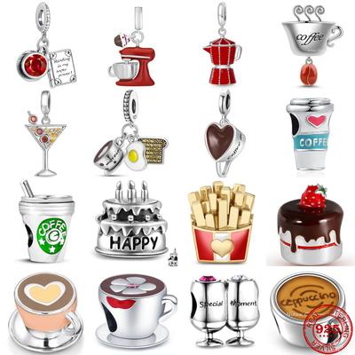 New 925 Sterling Silver Coffee Birthday Cake Beads Fit Original Fashion Charms Bracelet For Women DIY Fashion Jewelry Making