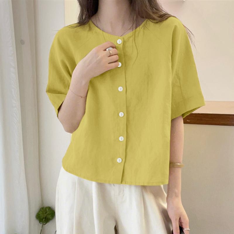 ZANZEA Women Casual Round Neck Loose Summer Half Sleeve Blouse