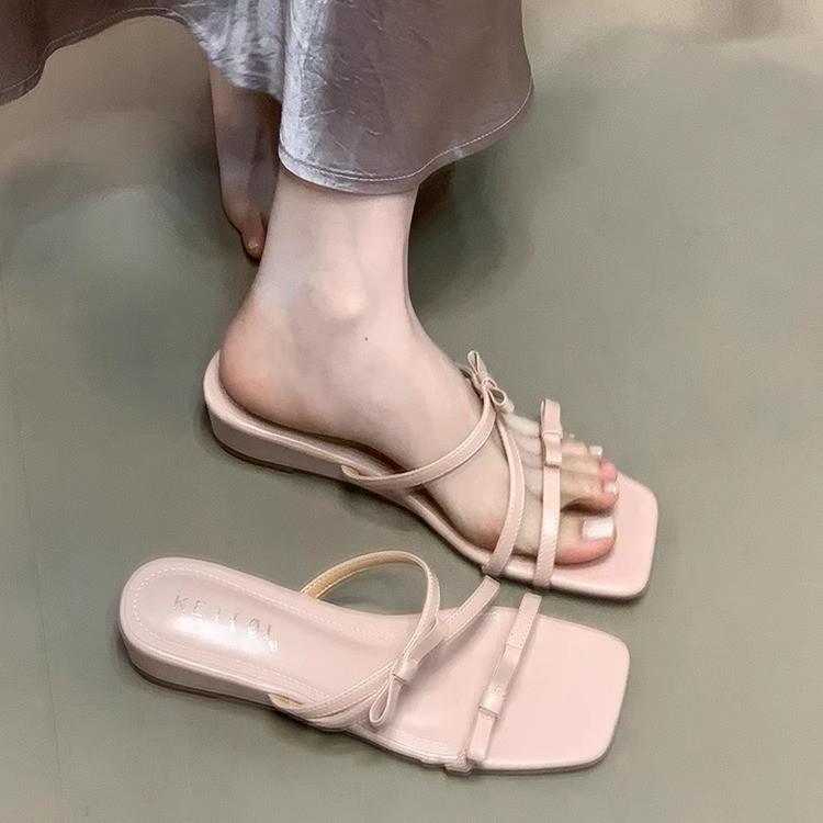 Bow square head low heel one-word drag summer 2025 new wear sandals fairy style versatile pink sandals