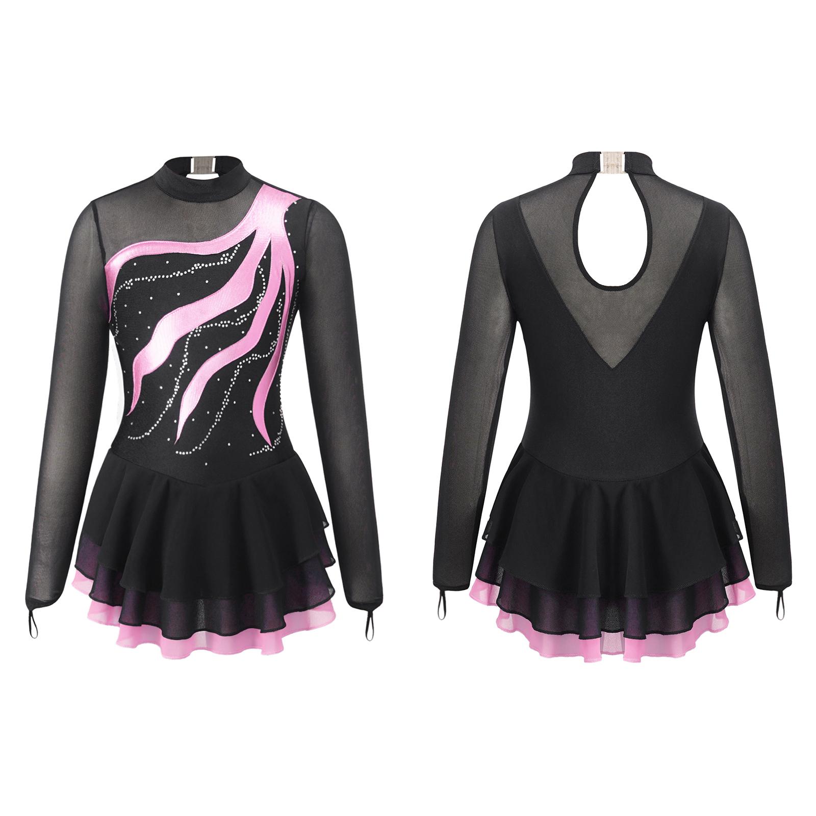 

Дитяча танцювальна сукня з довгим рукавом і стразами для дівчаток Плаття-трико для фігурного катання на ковзанах для дівчаток 15-16 Years рожевий