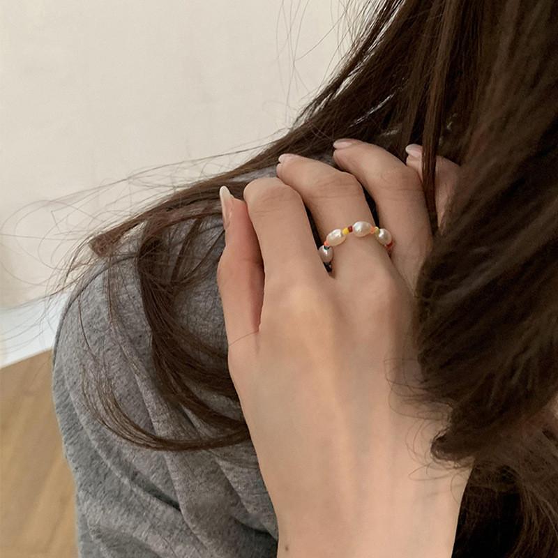 Stylish Korean Ddp Geometric Pearl Ring With Adjustable Elastic Band For Women