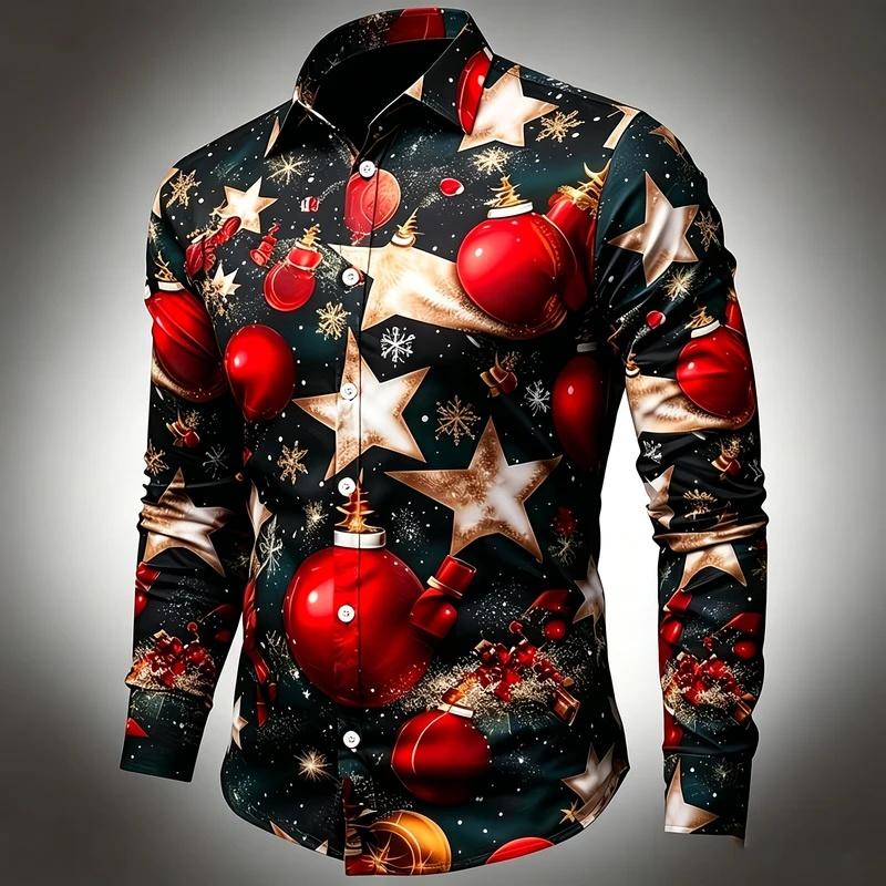 Christmas Snowflake and Five-Pointed Star Print Men's Long-Sleeved Shirt Retro Holiday Decorative Ball Collar Versatile Shirt