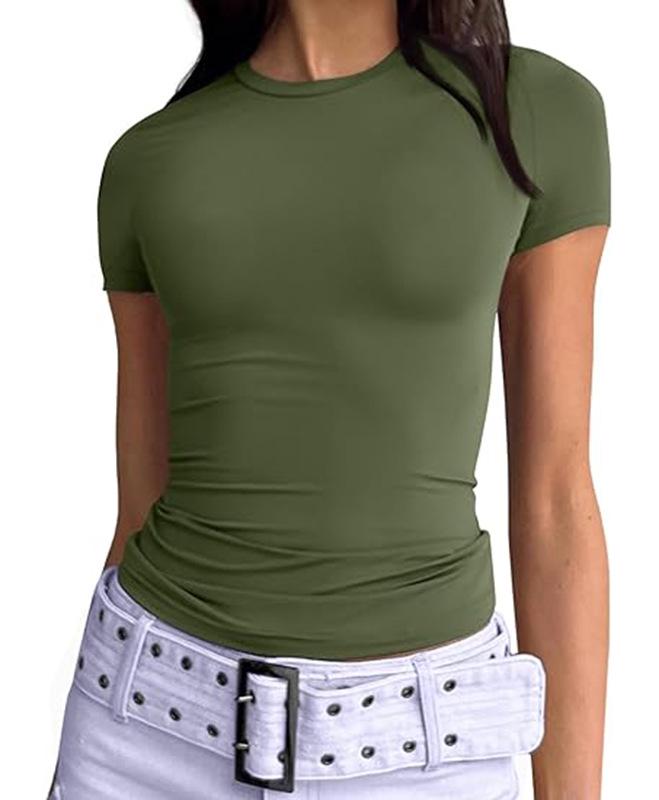 European and American Summer Women's Slimming Milk Silk Pullover T-shirt, Round Neck Fashion Top, High-end Women's Outerwear
