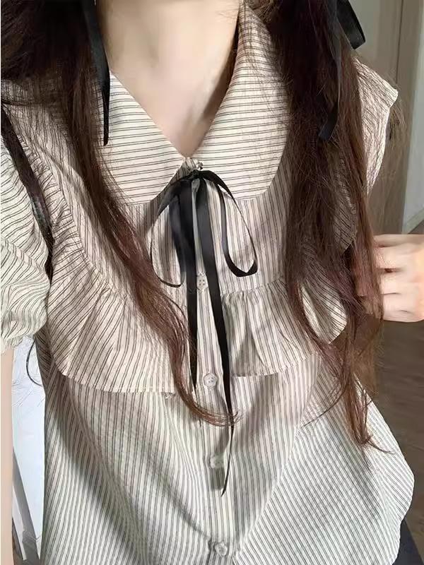 Women's Preppy Gray Striped Ruffle Puff Sleeve Two-Piece Set: Short-Sleeve Top and Skirt