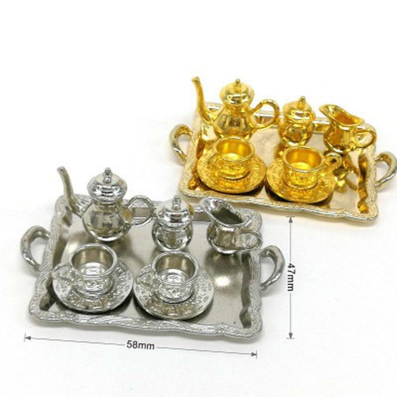10Pcs/set Doll House Miniature Metal Tea Doll House Furniture Miniature Dining Ware Toy Teapot Cup Plate