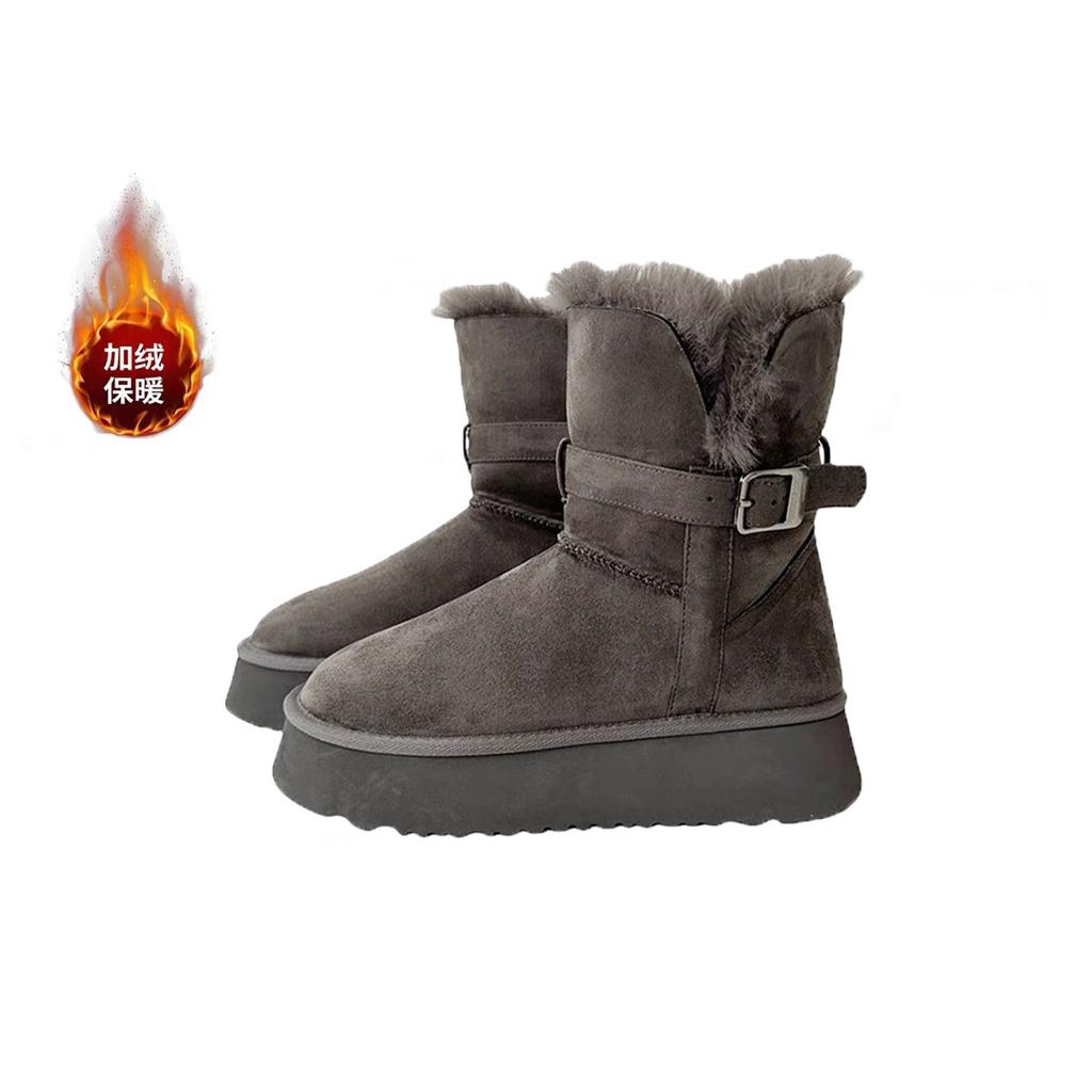 Cowhide Version~ Grey Snow Boots for Women's 2025 Winter New Thick-soled Heightened Velvet Thickened Long-tube Snow Cotton Shoes