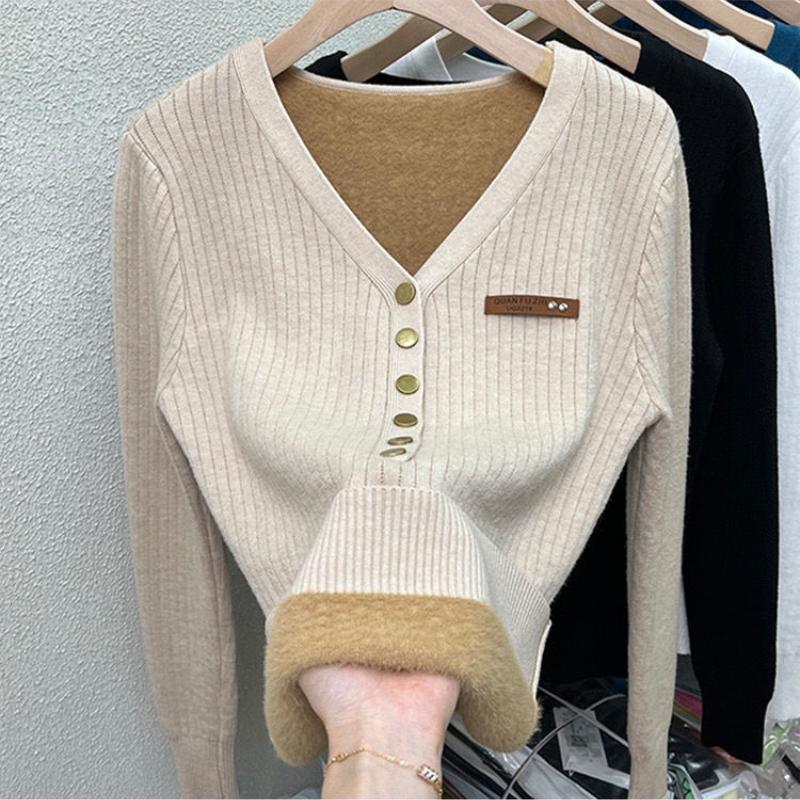 Fashion Plus Velvet Padded Sweater All Match Casual Knit Bottoming Shirt Women Autumn Winter Elegant Slim V-neck Tops