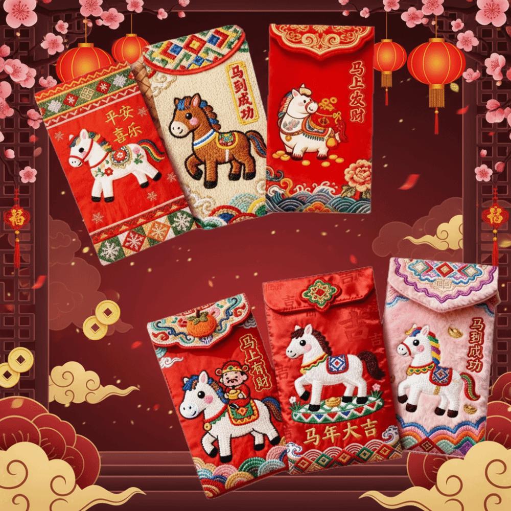 Chinese Style 2026 Red Envelopes Cartoon Flat Embroidery Style Horse Year Money Envelope Traditional Year Of Horse Red Packet