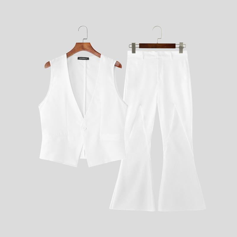 INCERUN Two Pieces Men Sleeveless Waistcoats Long Stitching Flare Pants Sets