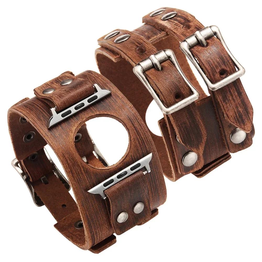 Genuine Leather Band For Apple Watch Ultra 2 49mm Strap 45mm 44mm 46mm Double Metal Buckle bracelet iWatch series 10 9 8 7 6 SE