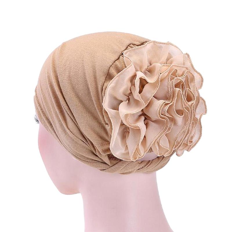 Frau Große Blume Turban Haar Zubehör Elastische Tuch Haar Bands Hut Chemo Beanie Damen Muslimischen Solide Haar Verlust Schal Kappe