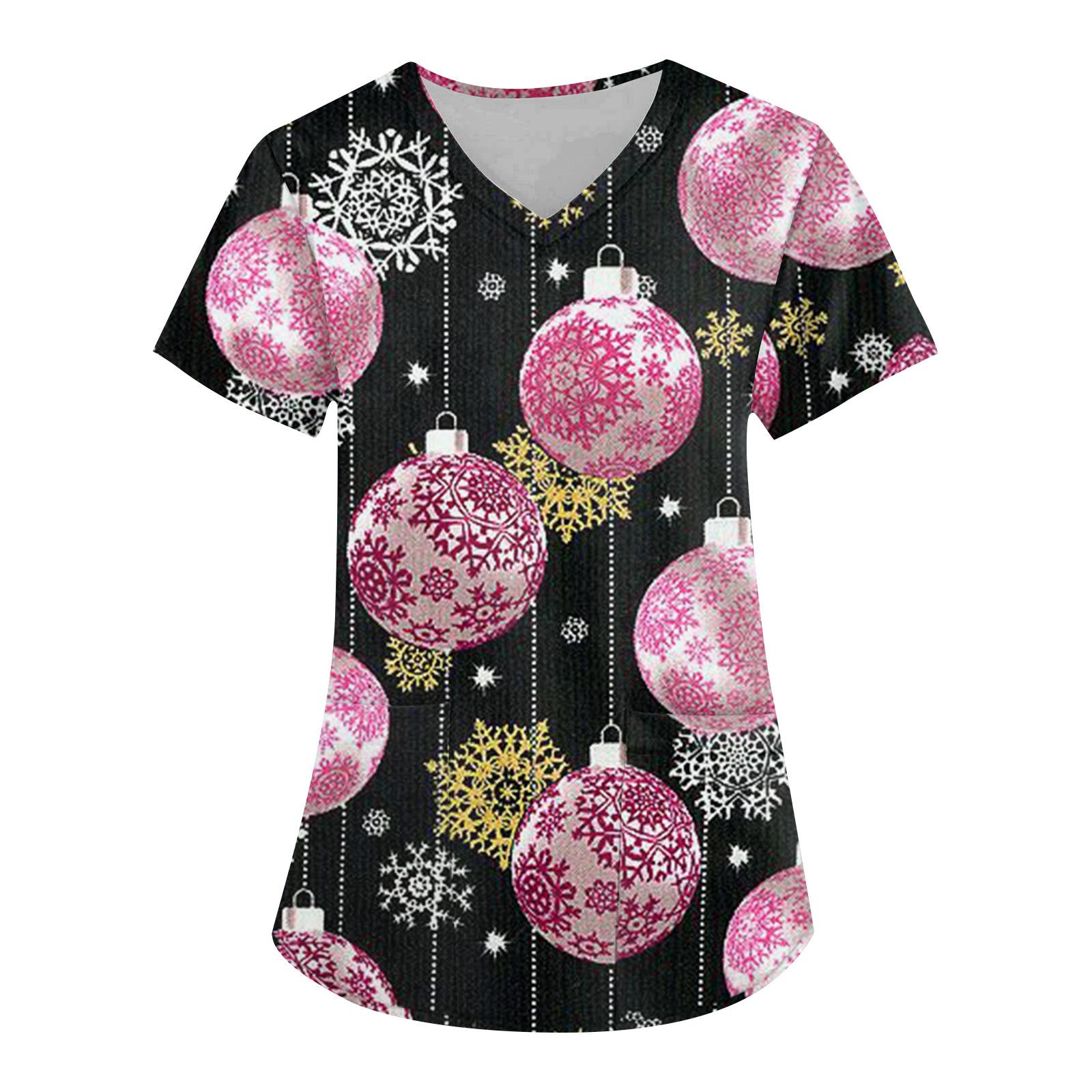 

Женская мода с v-образным вырезом, короткими рукавами и карманами, топы с рождественским принтом XXXL розовый