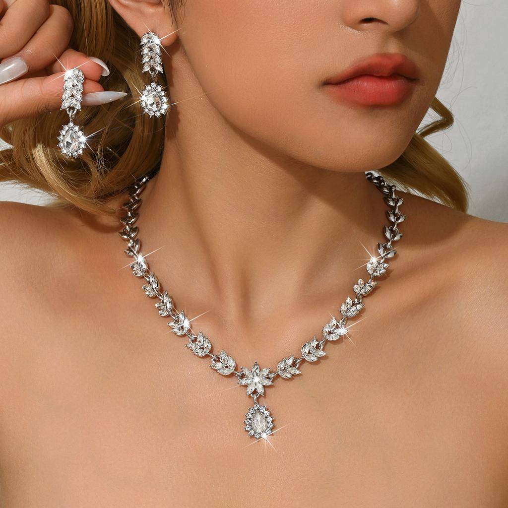 Premium Sense Rhinestone Necklace Earrings Two-Piece Wedding Jewelry Temperament Bridal Wedding Jewelry Set