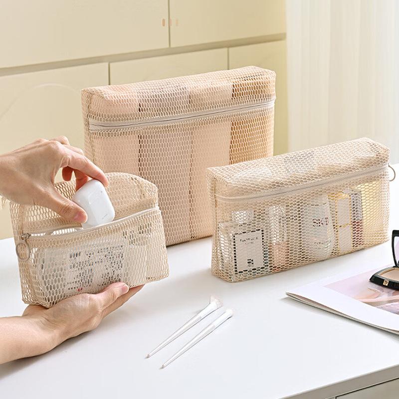 Beige Zipper Mesh Storage Bags Tear Resistant Breathable Visible Organizer for Business Trip Toiletries Makeup Storage