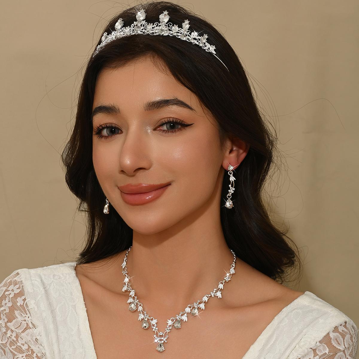 

4 предмета Женский модный сверкающий набор ожерелье, серьги, корона с цирконами, стиль легкой роскоши, подходит для свадьбы, вечеринки, фестиваля, подарки