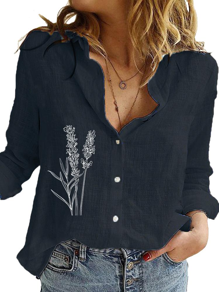 Women Fashion Long Sleeve Shirt Loose Cotton Linen Top Ladies Casual Print Blouses