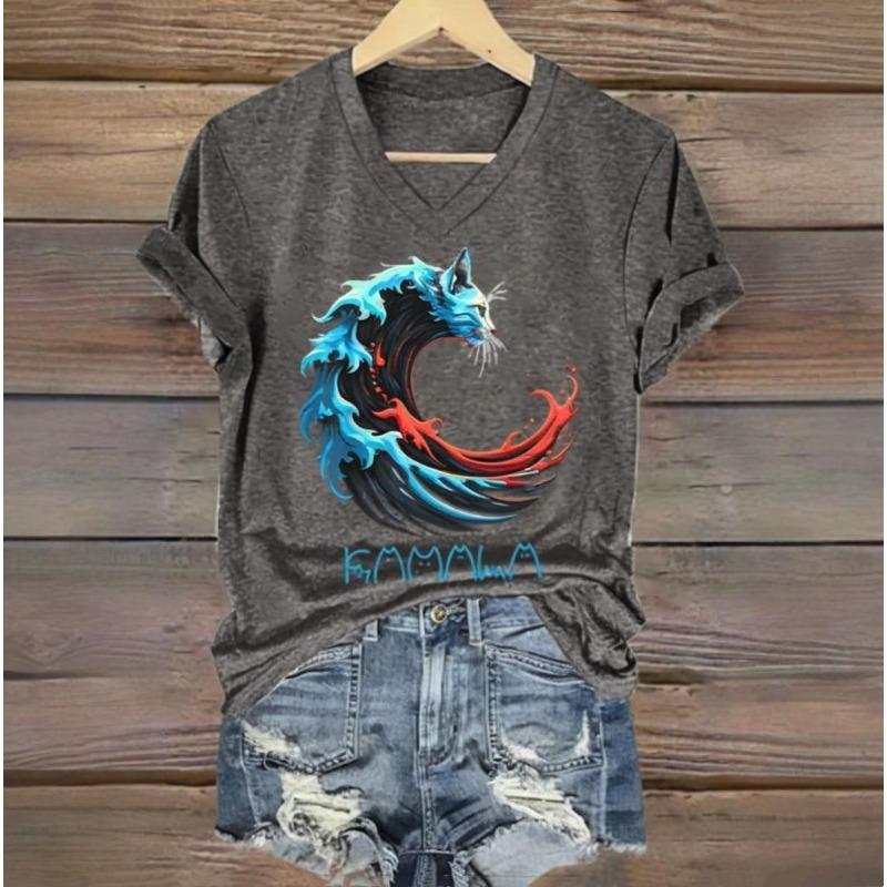 

Футболка женская с принтом животных, летняя, с V-образным вырезом и короткими рукавами, модные топы с рисунком волн и кошек, простой пуловер оверсайз XL