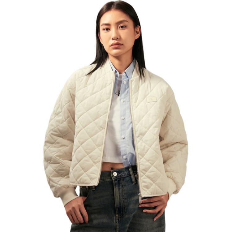 Calvin Klein Classic Letter Square Logo Baseball Collar Diamond Quilted Jacket Women outerwear Milk-White J224701