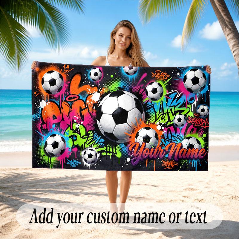 Soccer Theme Beach Towel Personalized Custom Name & Text Soft Quick Dry Beach Towel for Swimming Travel