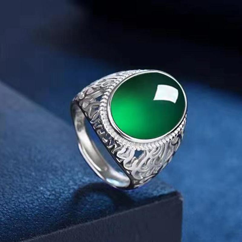 Fingerschmuck im ethnischen Stil, hohl geschnitzter ovaler grüner Achat, Retro-Ringe aus 925er Sterlingsilber für Männer, Accessoires für den Alltag