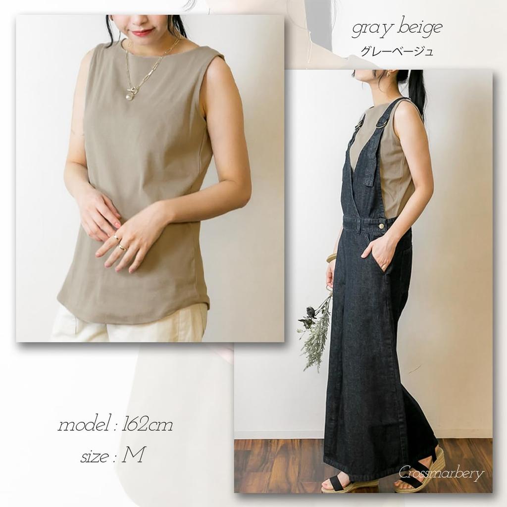 Crossmarberry Cotton Tank Stylish and Plus Boat Loose Women's 100% Top, Size, Sleeveless, Neck, Cute, Fit, Simple, Stretch, Gray, Beige, JX104-GYB-M