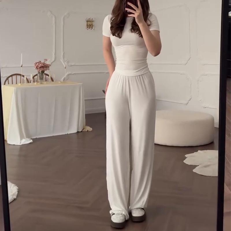 Casual Long Pants Suits Women O-neck Short Sleeve T-shirt Elastic Waist Trousers Set Spring Summer Solid Lady Household Clothes