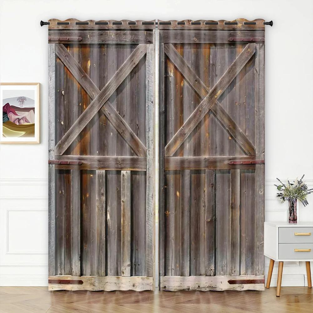 Retro Wooden Door Texture Vintage Barn for Bedchamber Livingroom Space Kitchen Windowpane Drape Contemporary Household Space Decoration 2 Panels