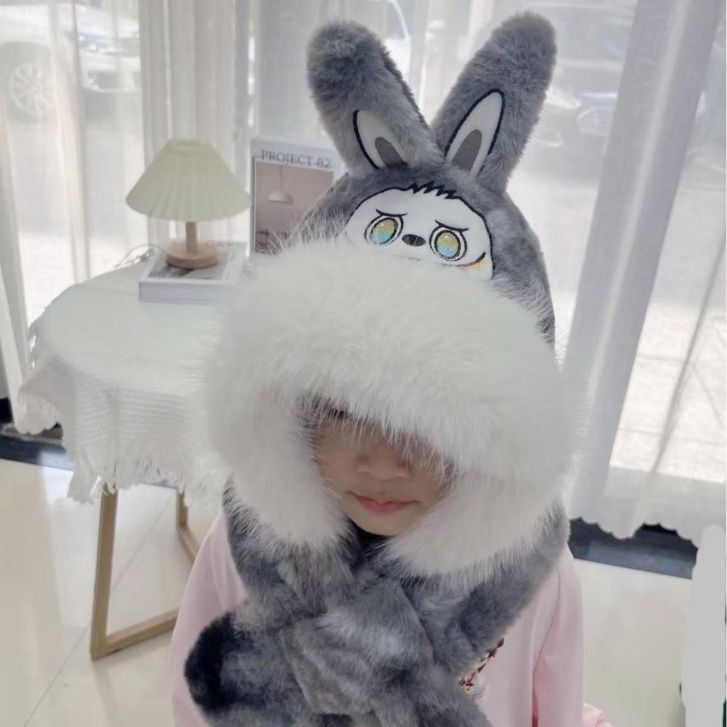 All-in-One Cartoon Embroidery Hat, Scarf & Gloves for Kids - Windproof & Warm with Ear Protection for Autumn & Winter.