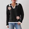 Women Solid Color Floral Embroidered Sweater Contrast Polo Collar Long Sleeve Loose Fit Knit Top
