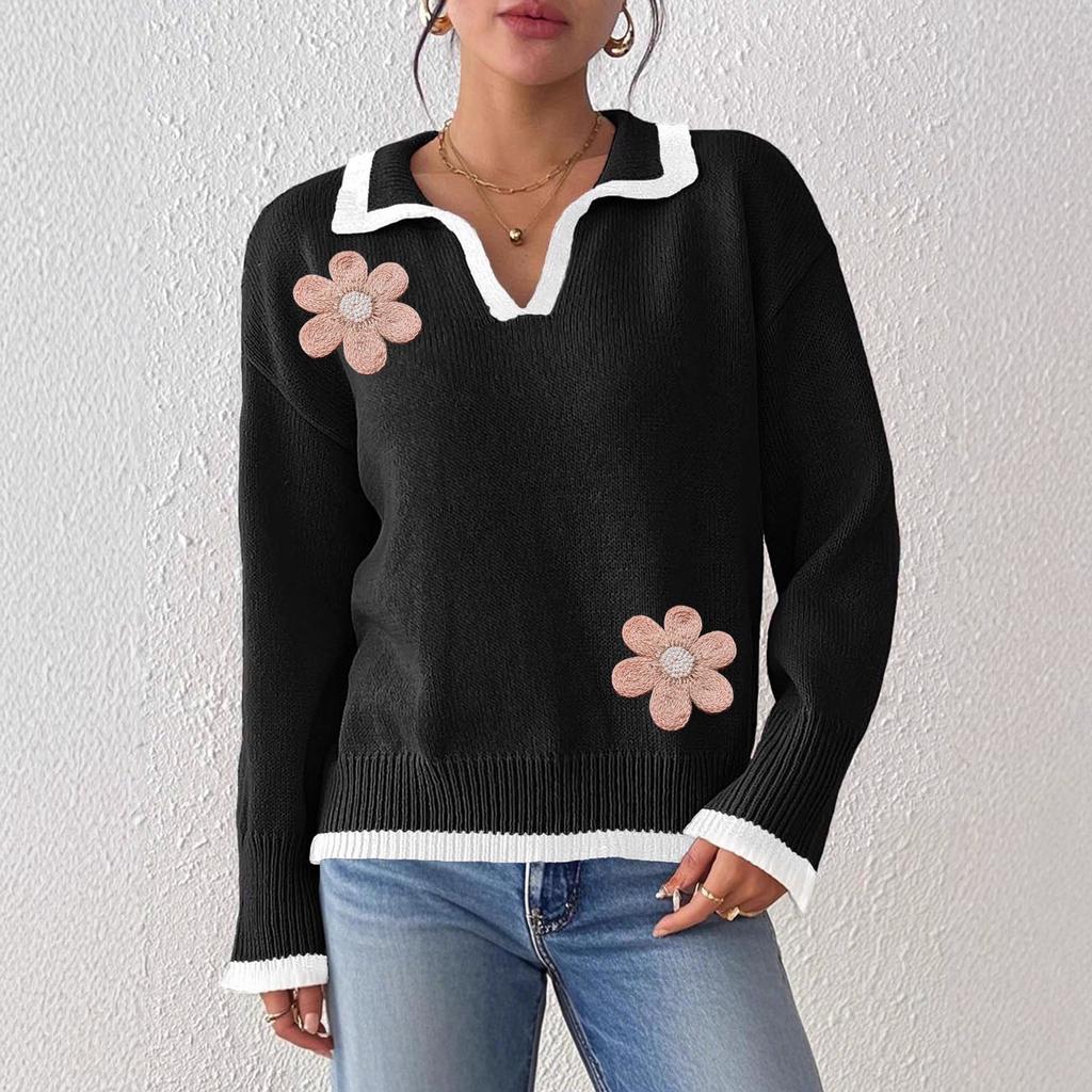 Women Solid Color Floral Embroidered Sweater Contrast Polo Collar Long Sleeve Loose Fit Knit Top