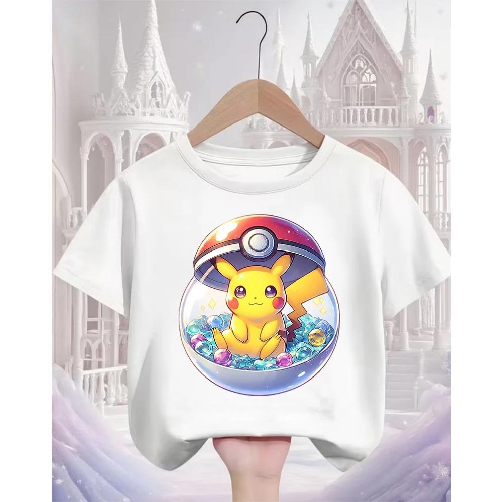 Crew Neck Cute Pikachu T Shirt 3-14Y Boys Girls Summer Kawaii Fashion Street Hot Cartoon Casual Children