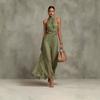 Halter Neck Solid Chiffon Ruched Waist Pleated Flowy Long Gown Sheer Split Hem Elegant Slim Fit Beach Vacation Wedding Guest Formal Evening Sundress