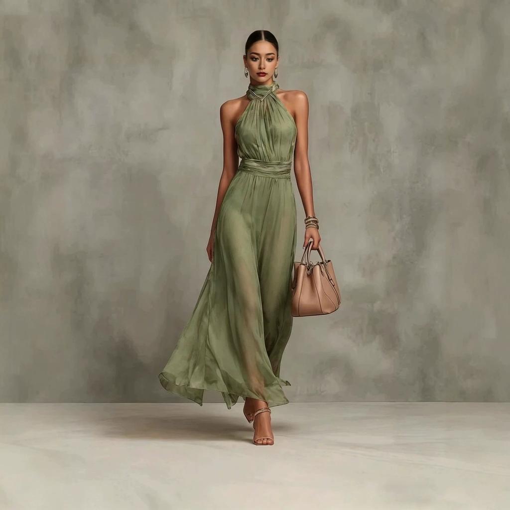 Halter Neck Solid Chiffon Ruched Waist Pleated Flowy Long Gown Sheer Split Hem Elegant Slim Fit Beach Vacation Wedding Guest Formal Evening Sundress