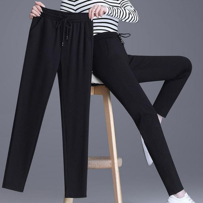 Spring Autumn Large Size Black Sport Pants Women Thin Cropped Pants Loose Middle-aged Mom Pants