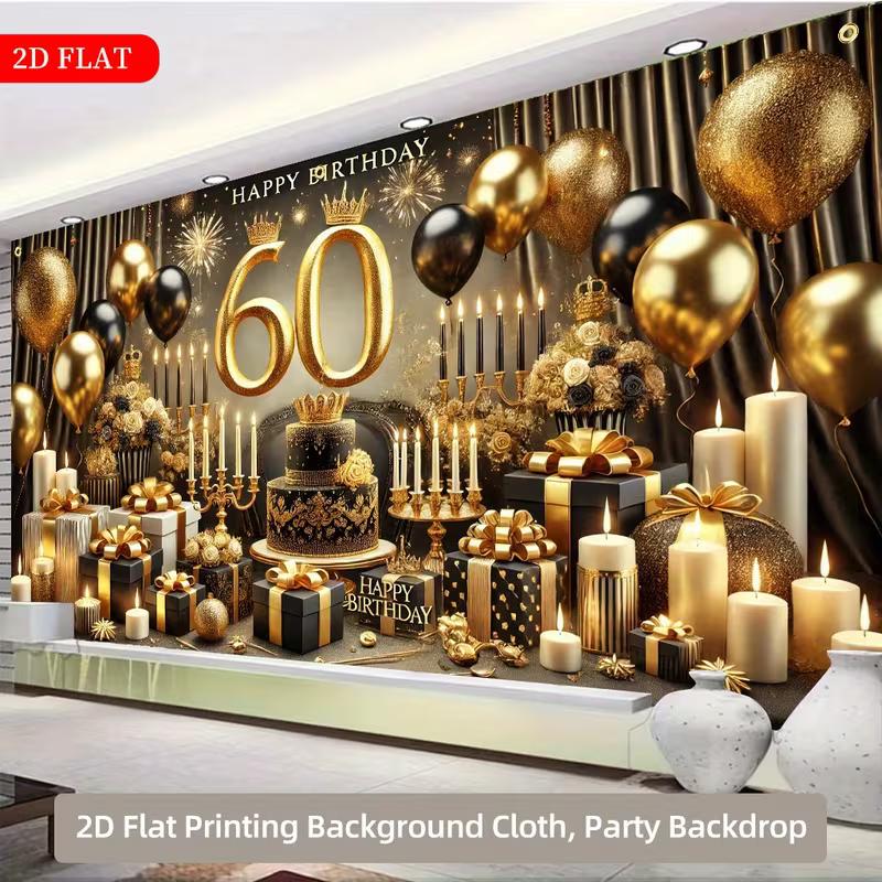 2D Luxury Black Gold 60th Birthday Backdrop Banner Large Size Party Decor Background