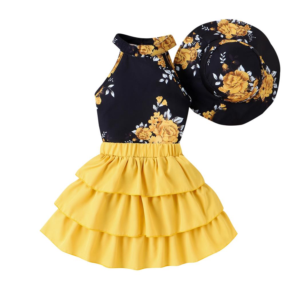 Dziewczęcy Modny Garnitur Letni Dziecięcy Nadruk Halter Top + Spódnica Tortowa z Kapeluszem Garnitur