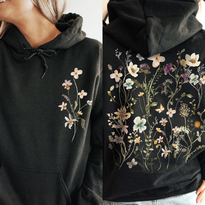 2025 Trendy Floral Print Loose Plus Size Pullover Hoodie Sweatshirt