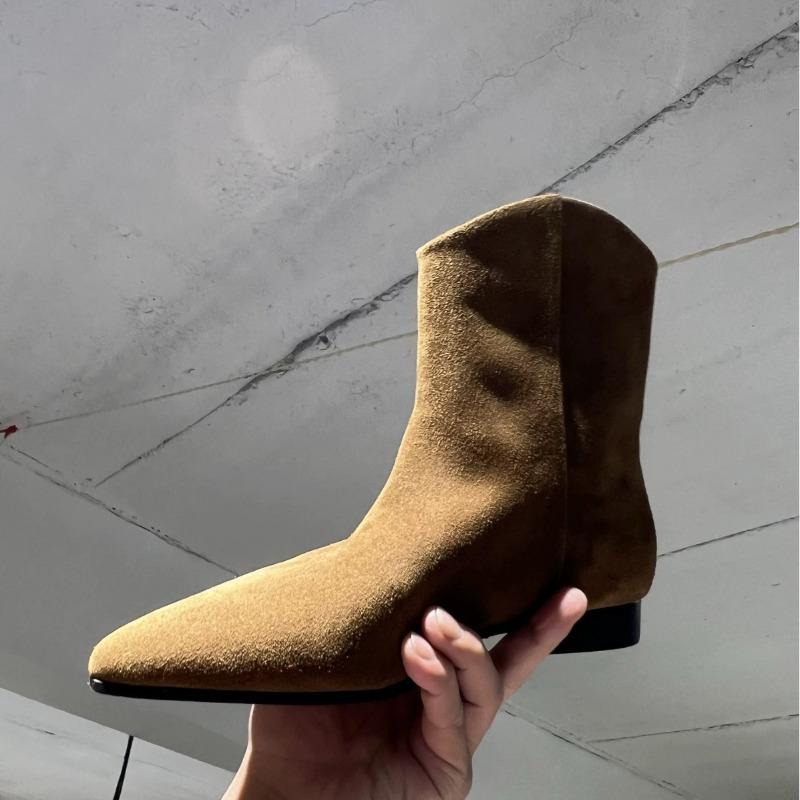 Vintage Kůže Matný Semiš Špičatý Podpatek Plochá Podrážka Úzké Kozačky Krátké Kozačky Westernové Kovbojské Kozačky Dámské Martensky