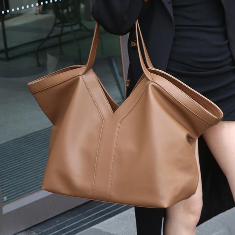 Luxury Genuine Leather Tote Bag For Women Simple Large Capacity Handbag Y-shaped Design Casual Shoulder Bag Commute Shopping Bag