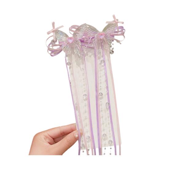 

Girl Hairpin Butterflies Long Ribbon Bowknot Beaded Tassel Decor Hair Clip Kids Adults Hair фиолетовый