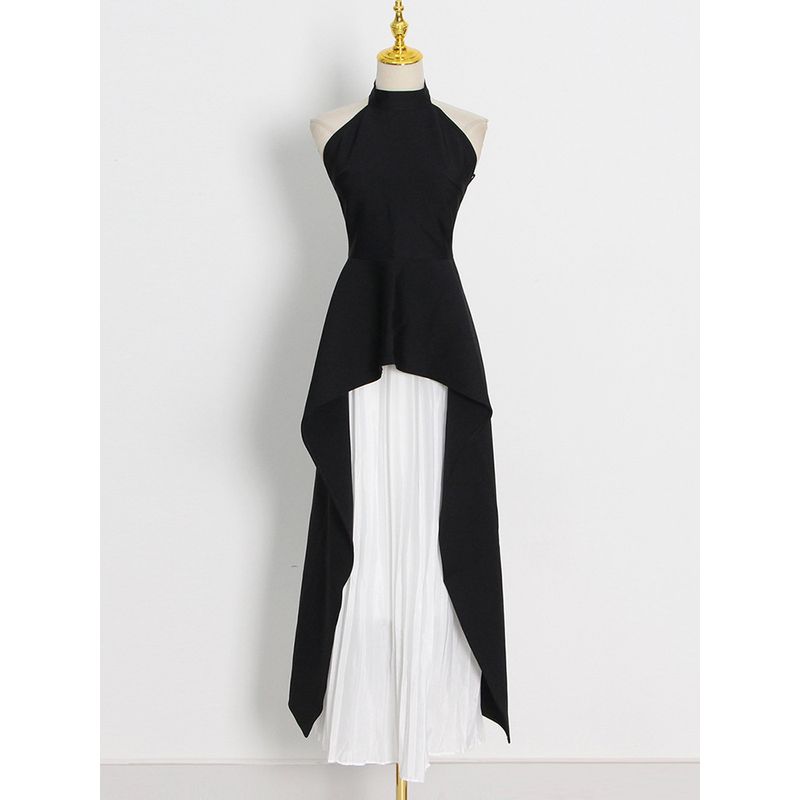 

French Halter Evening Dress Ladies Accessible Luxury Black and White Contrast Color Long Ruffles Three-Dimensional Black Dress Black S