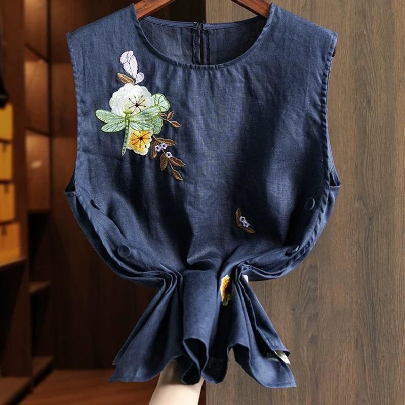 Chinese Style Cotton Vest Vest Ladies Summer Embroidered Button Design Sleeveless Top