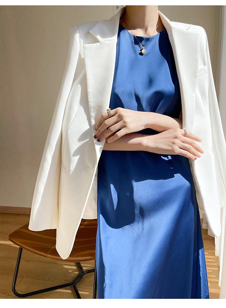 Abito Canottiera Estivo da Donna in Raso di Seta - Imitazione Seta di Gelso, Scollo Rotondo, Senza Maniche, Linea ad A, Vita Alta, Lungo