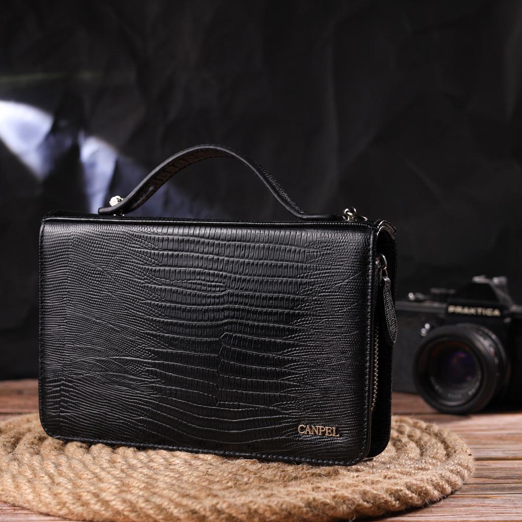 Unusual Men's Two-compartment Purse Made of Genuine Textured Leather with Reptile Embossing CANPELLINI 21571 Black