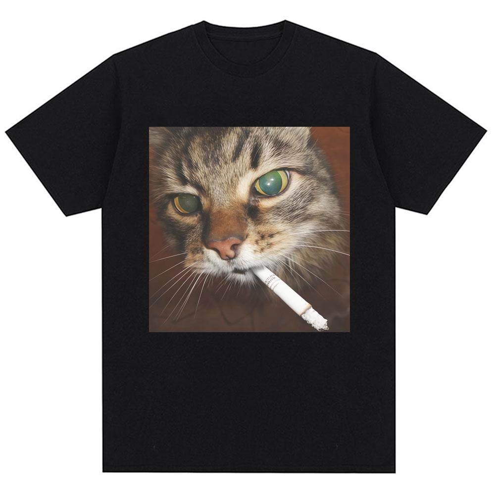 Summer Funny Smoking Cigarette Cat Meme Graphic T-Shirt Men Women Fashion Vintage T-shirts Pure Cotton Casual T Shirt Streetwear