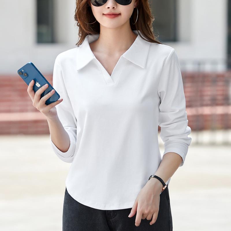 Dámské jednobarevné tričko s dlouhým rukávem s límečkem a zakulaceným lemem - Kolekce podzim 2025